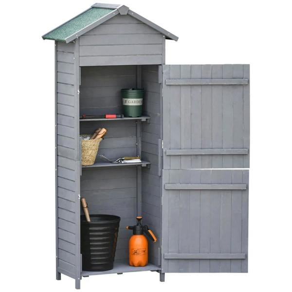 Dark grey wooden garden storage shed with angled felt roof, open double doors