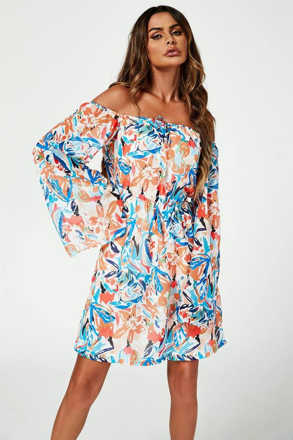 FS Collection Flute Sleeve Bardot Dress With Tie Detail In Orange
