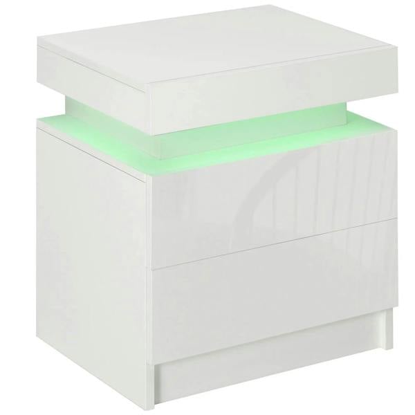 White high-gloss two-drawer bedside table with green LED light strip under the top