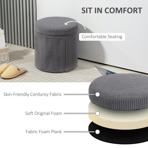 Wyld Haus Yoluha Round Grey Corduroy Storage Footstool With Removable Lid