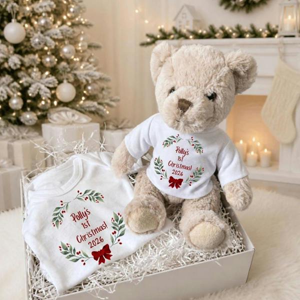 Personalised 1st Christmas Red Bow Baby Gift Box - Teddy & Vest