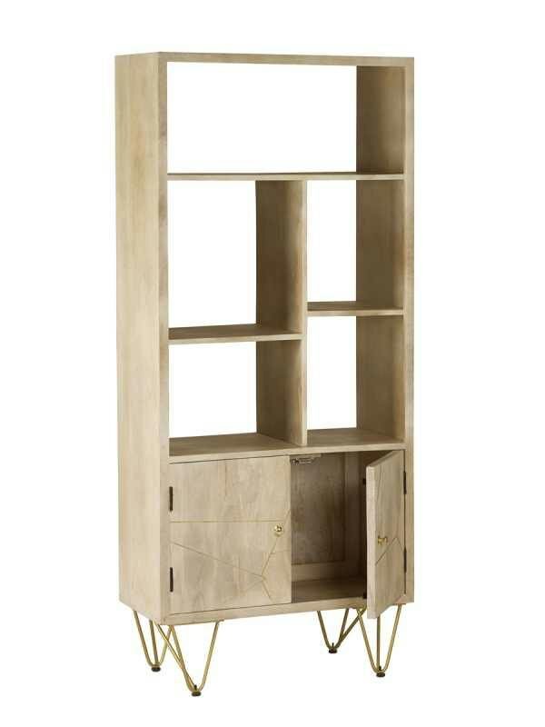 Wyld Haus Manila Light Gold Large Bookcase 2 Doors 5 Shelves