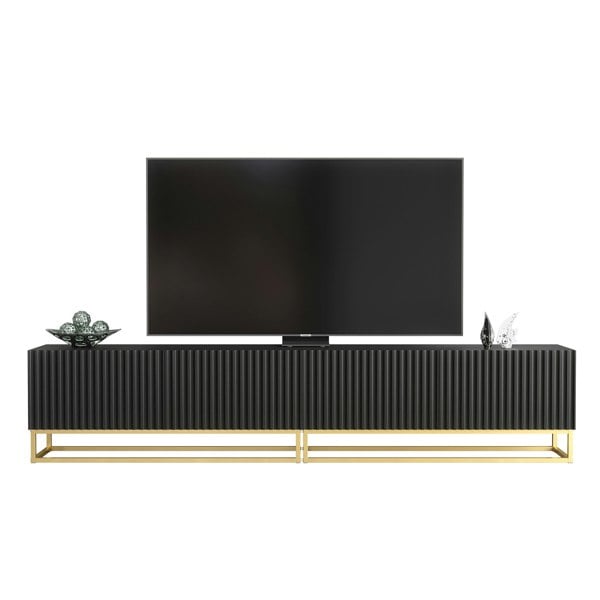 Mex Furniture Modular Black TV Unit with Gold Base 200cm – Fluted Fronts & Push-Down Doors