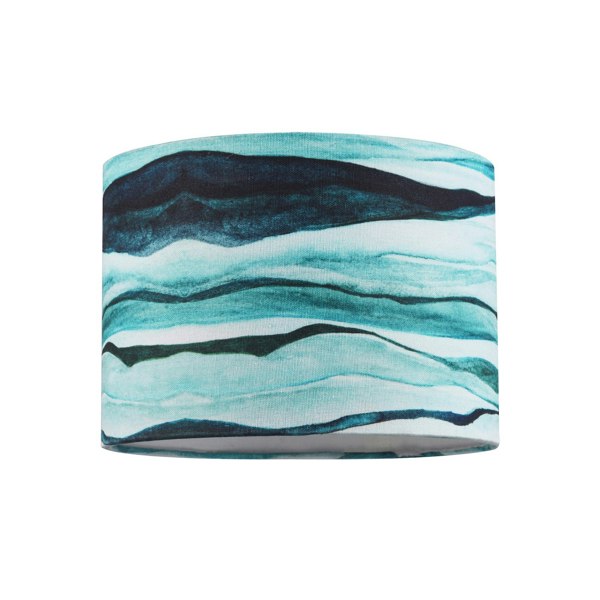 Sea Waves Drum Lamp Shade in Teal Duck Egg and Navy Blue - 25cm Linen Fabric Image 1