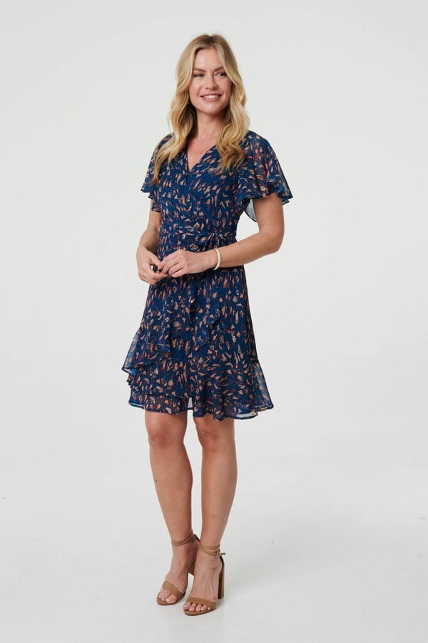 Blue | Printed Asymmetric Short Tie Wrap Dress
