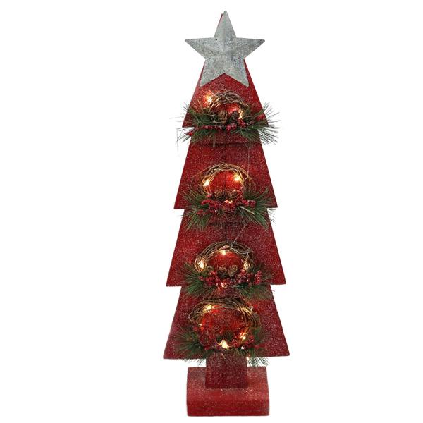 25 x 10 x 80H cm Red Wooden Christmas Tree Tabletop Decoration with Warm White LEDs image 1
