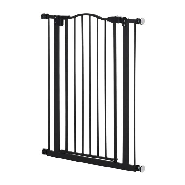 Black pressure-fit dog stair gate with vertical bars and end caps
