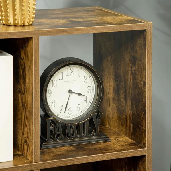 Brown cube shelf corner with clock inside an open cubby