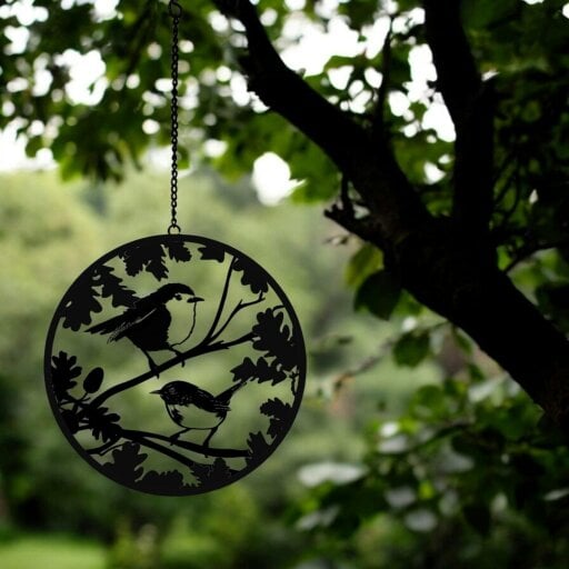 EDH Door Hardware Black Robin and Wren Hanging Mirror Silhouette, Bird Wall Art for Home & Garden Décor