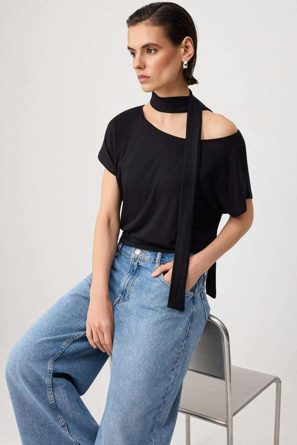 WOVCOR Boat Neck Batwing Sleeve Belted Knit Blouse