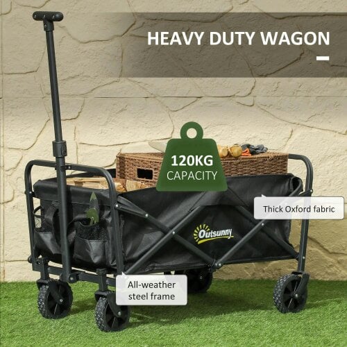Bobobiy 62L Festival Trolley on Wheels, 120kg Heavy Duty Collapsible Folding Wagon with Adjustable Handle and Carrying Bag for Beach, Black