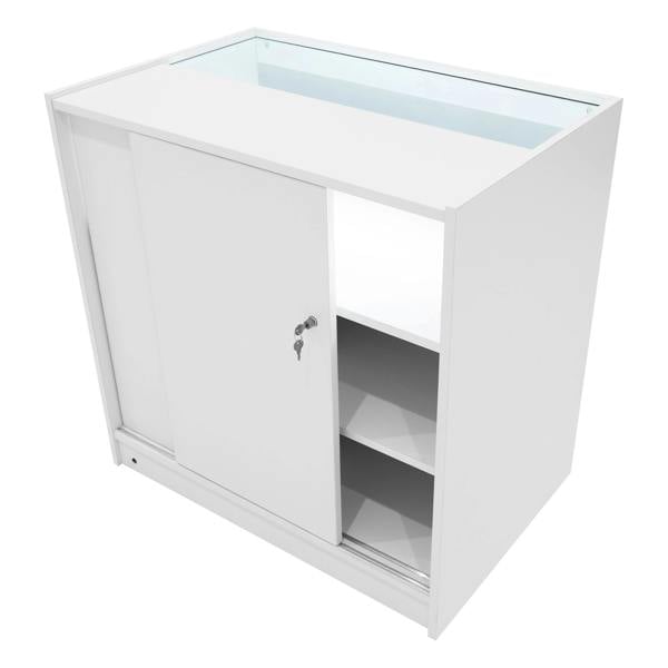 White Calliope LED shop counter set featuring sliding doors, a glass top, and interior shelving for organized storage