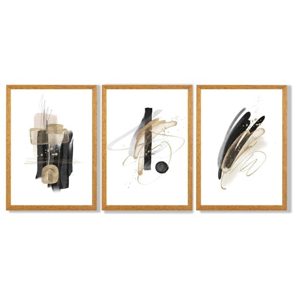 Set of 3 Abstract Black and Gold Fiesta Framed Art Prints with Oak Wooden Frames