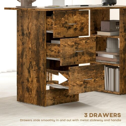 Wyld Haus Lomoto 120cm Rustic Brown Home Office Desk With 3 Shelves And 3 Drawers
