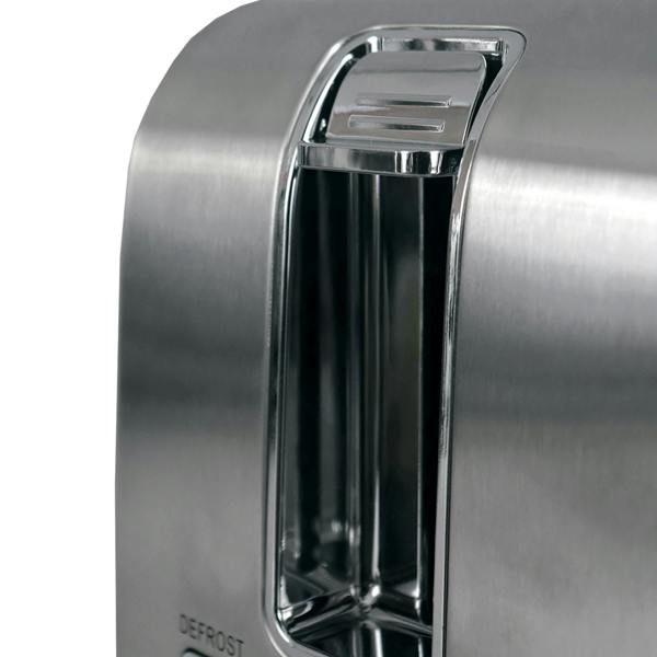 Close-up of the Igenix 2 Slice Toaster, 650W, with a wide slot and part of its control dial shown. Features include 6 browning levels, crumb tray, cord storage, and “defrost” text partially visible at the bottom left.