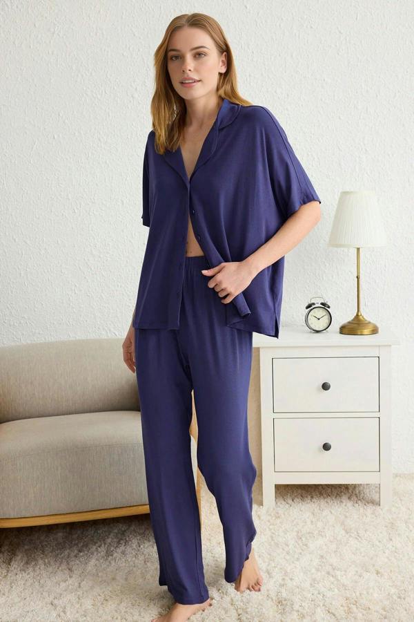 Collar Button-Through Long Sleeve Relaxed Fit Pyjama Set