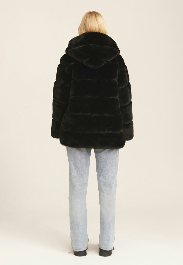 Gini London Black Horizontal Cut Fur Hooded Jacket
