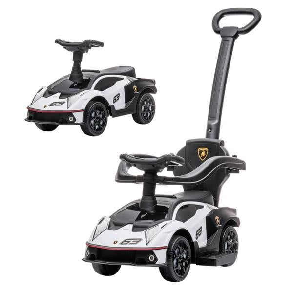 White and black 2-in-1 ride-on push car with parent handle and steering wheel