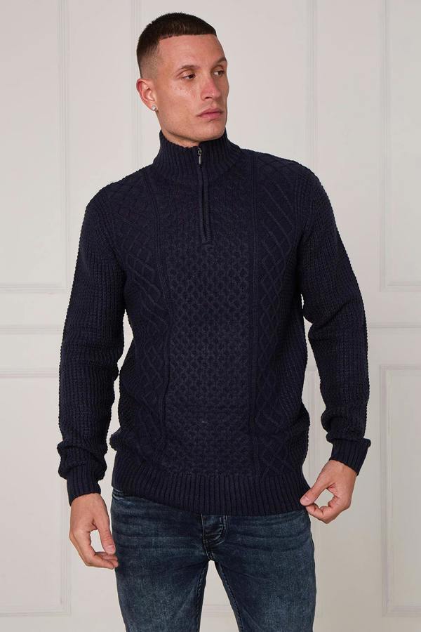 Men’s Half Zip Cable Knit Textured Jumper