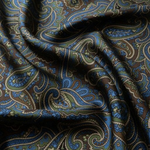 Otway & Orford 'Cypress' paisley silk pocket square in gold, brown, blue & green (42 x 42cm)