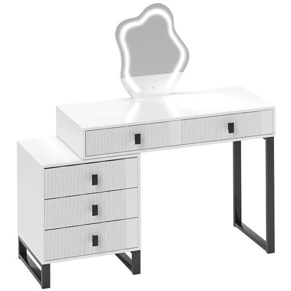 White vanity dressing table with leaf-shaped mirror and five drawers, black legs