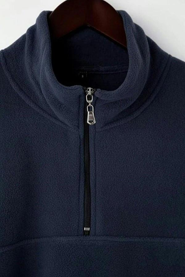 WOVCOR Regular Stand Collar Zippered Polar Fleece Men's Sweatshirt with Stitching Details