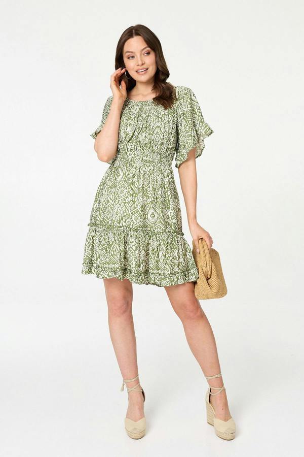 Green | Printed 1/2 Sleeve Short Smock Dress