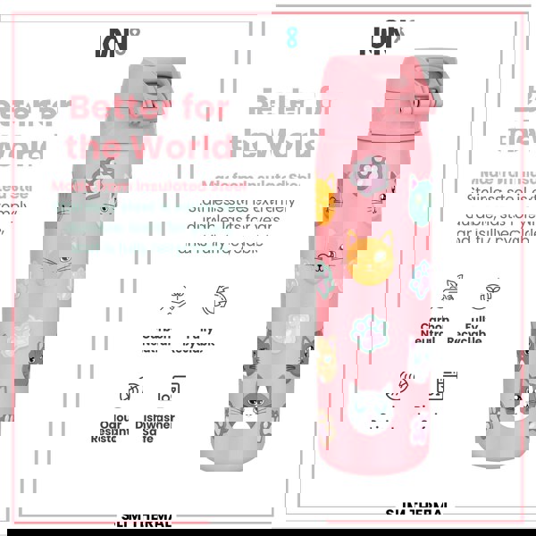 A pink insulated stainless steel water bottle, adorned with cat faces and paw prints, is displayed against a white background. The bottle is described as carbon neutral, fully recyclable, odour resistant, and dishwasher safe. "Better for the World" and "Slim Thermal" are also featured.