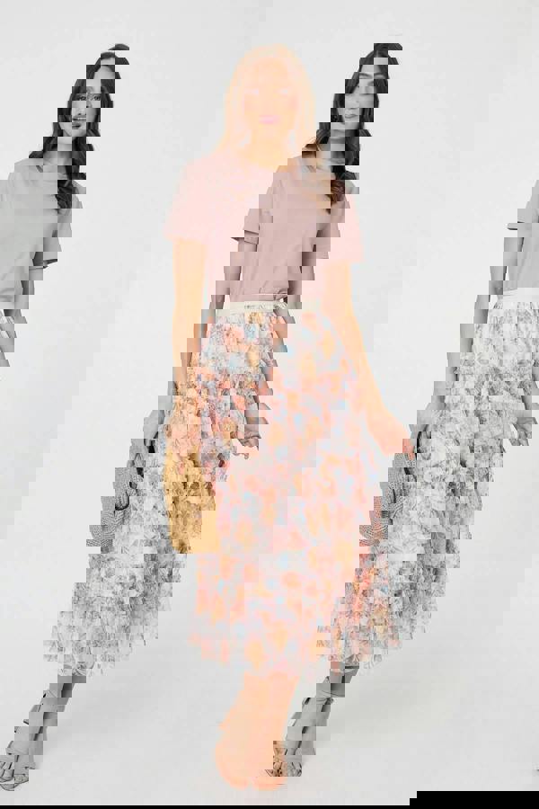 Pink | Floral Ruffled High Waist Midi Skirt