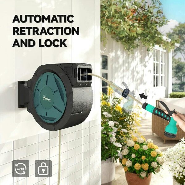 Bobobiy Retractable Hose Reel Wall Mounted, 20+2m Garden Hose Pipe Reel with Lock, 7 in 1 Spray Nozzle, 180° Swivel, 54 x 20 x 39 cm, Black