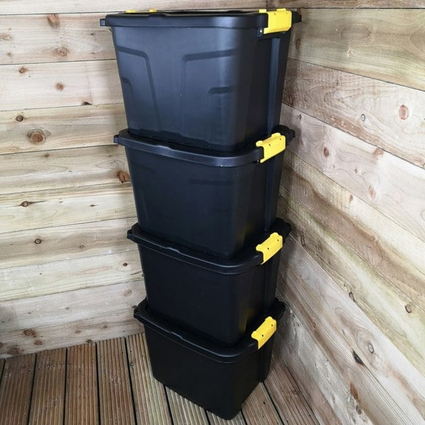 Samuel Alexander 4 x 42L Heavy Duty Storage Tubs Sturdy, Lockable, Stackable and Nestable Design Storage Chests with Clips in Black