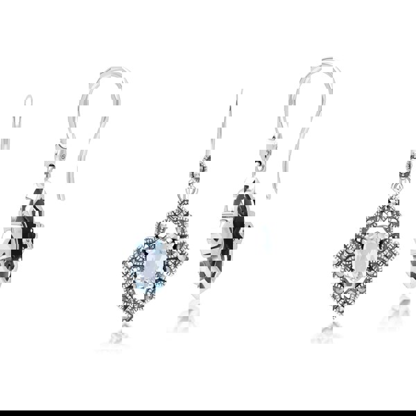 Gemondo Art Deco Style Oval Blue Topaz & Marcasite Drop Earrings in Sterling Silver