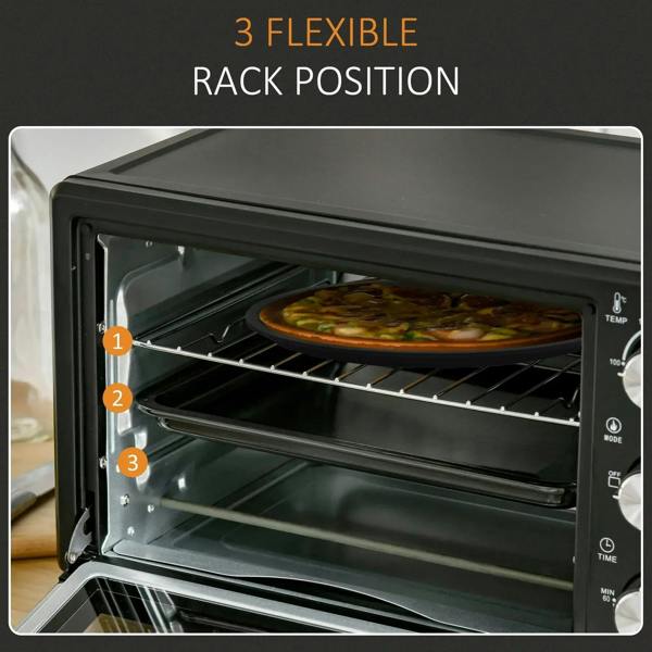 Black mini oven interior with rack positions and wire rack over the baking chamber