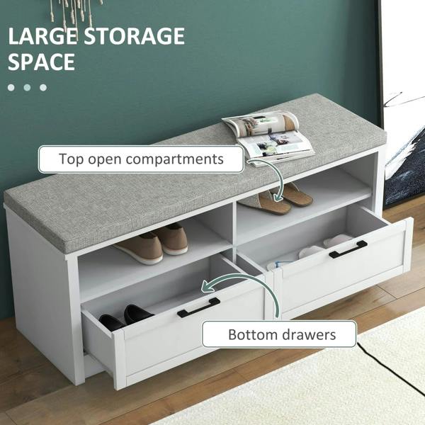 White shoe storage bench with hinged padded top showing open compartments and bottom drawers