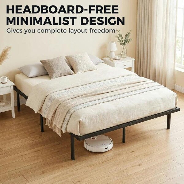 4ft6 Double Bed Frame with Underbed Storage, Metal Platform Bed Frame with Steel Slat Support, No Box Spring Needed