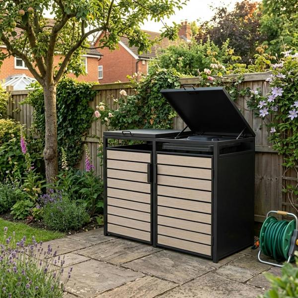 Nicoman Outdoor Metal Garbage Bin Shed with Wood Effect Doors