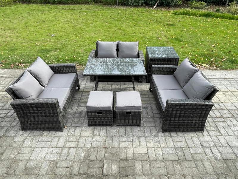 Fimous 7 PCS Outdoor Lounge Sofa Set, Wicker PE Rattan, Dining Table, Love Seat Sofa, Side Table and 2 Small Footstools, Dark Grey Mixed