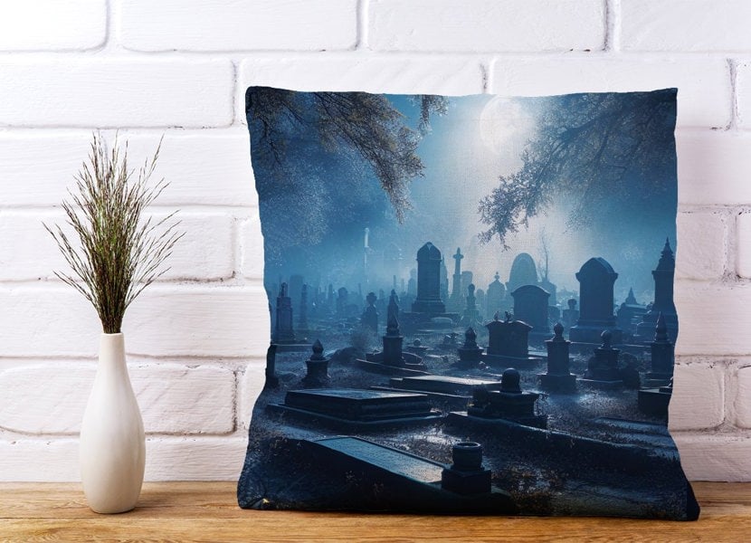 Warren Reed A Breathtaking Scene Of A Moonlit Graveyard Cushions