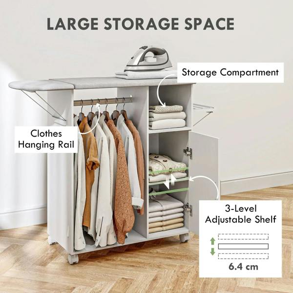White ironing board cabinet with clothes hanging rail and multi-level adjustable shelves