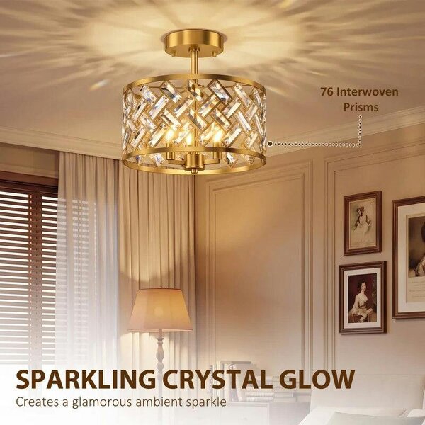 3-Light Crystal Glass Ceiling Light, Modern Ceiling Lamp w/ 3 E14 Sockets for Living Room, Bulb Not Included, Gold Tone
