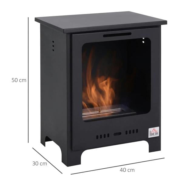Black freestanding ethanol fireplace with visible flame, front view