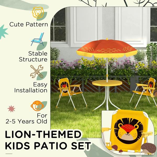 Kids outdoor patio set with lion-themed umbrella, yellow table, and matching chairs