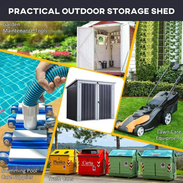 Black two-bin storage shelter shown in a collage with double-door front view