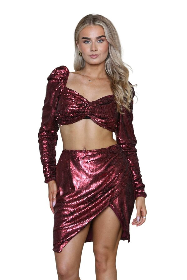 Elaina Fashion Women Burgundy Red Sequin Sparkle Co-ord  - Burgundy - Polyester