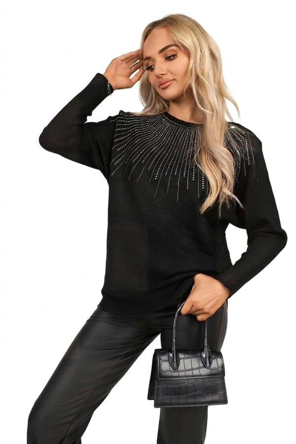 Haisley Long Sleeve Knitted Jumper With Embellished Neckline - Black_wb