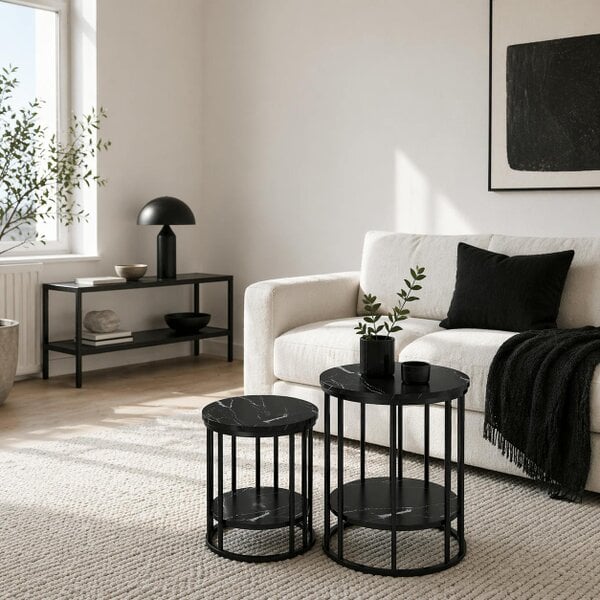Wyld Haus Dilisu Set Of 2 Wooden Black Marble Effect Coffee Tables