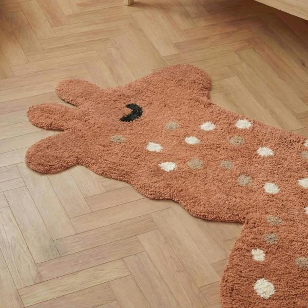 Brown bear-shaped rug on a wooden floor