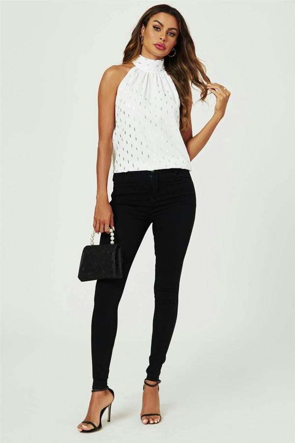 FS Collection Silver Foil Halter Neck Tie Back Top In White