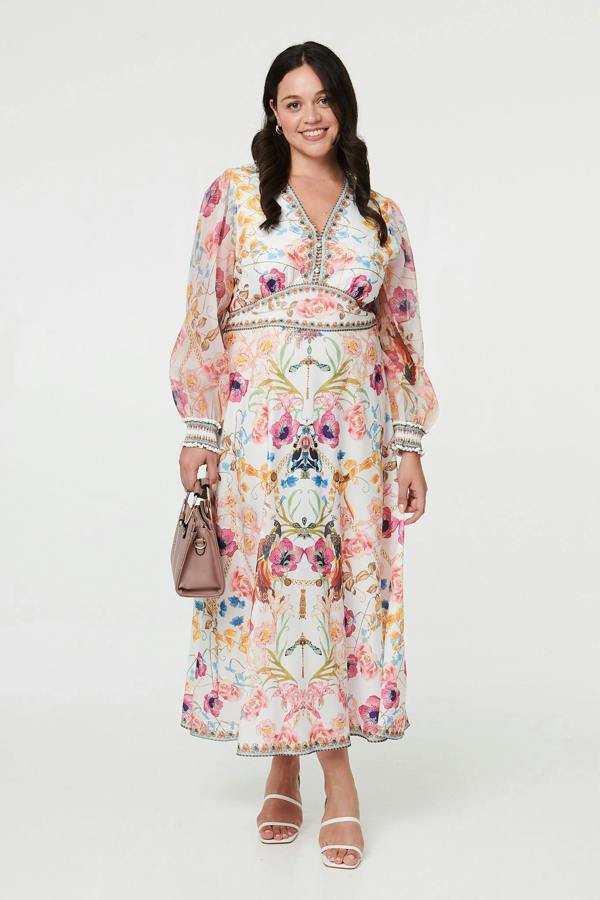 Pink | Curve Floral Border Print Maxi Dress
