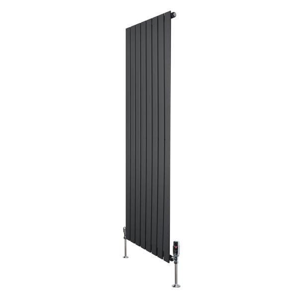 Flat single column radiator in anthracite grey, 1600mm x 560mm, featuring sleek vertical lines and modern valve design